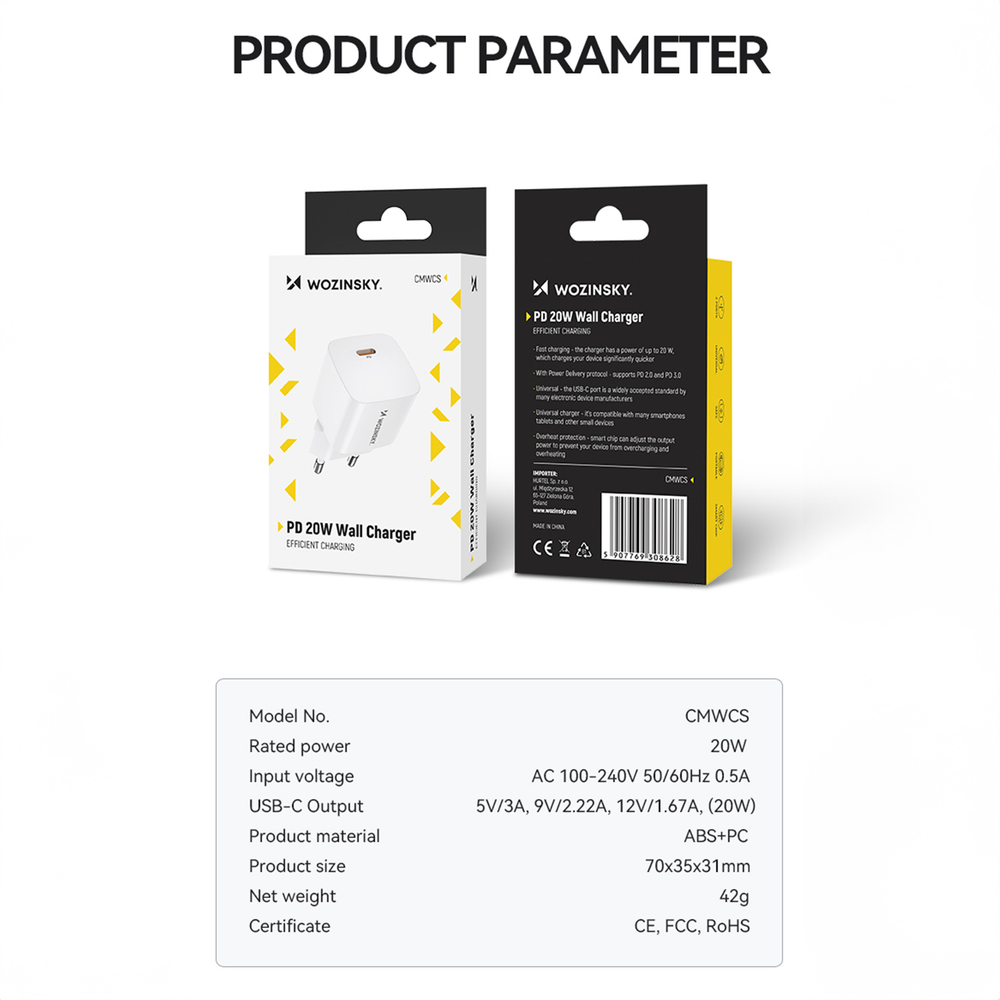 Wozinsky CMWCS USB-C PD 20W sienas lādētājs – balts