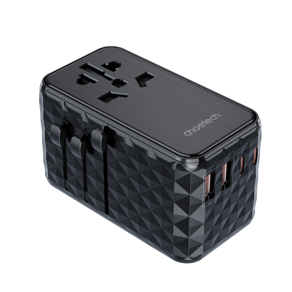 Choetech PD6028 ceļojumu adapteris EU / US / AUS / UK ar 2x USB-C un 2x USB-A 100W – melns