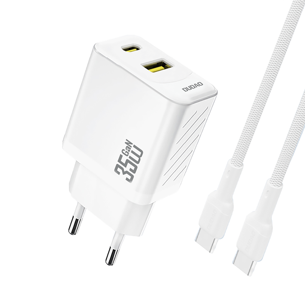 Dudao A27MaxCEU PD QC 35W USB-A USB-C sienas lādētājs ar USB-C kabeli – balts