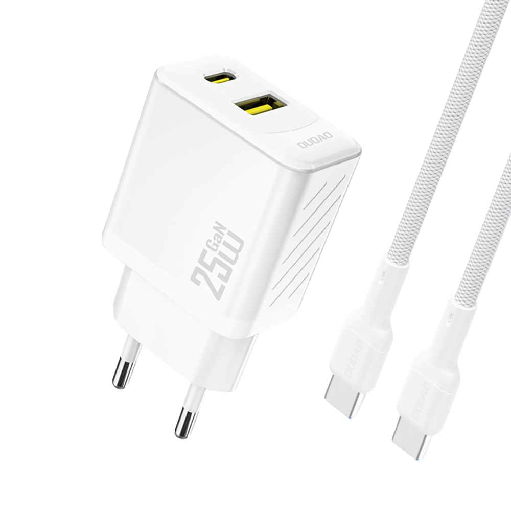 Dudao A26TCEU PD QC 25W GaN USB-A USB-C sienas lādētājs ar USB-C kabeli – balts
