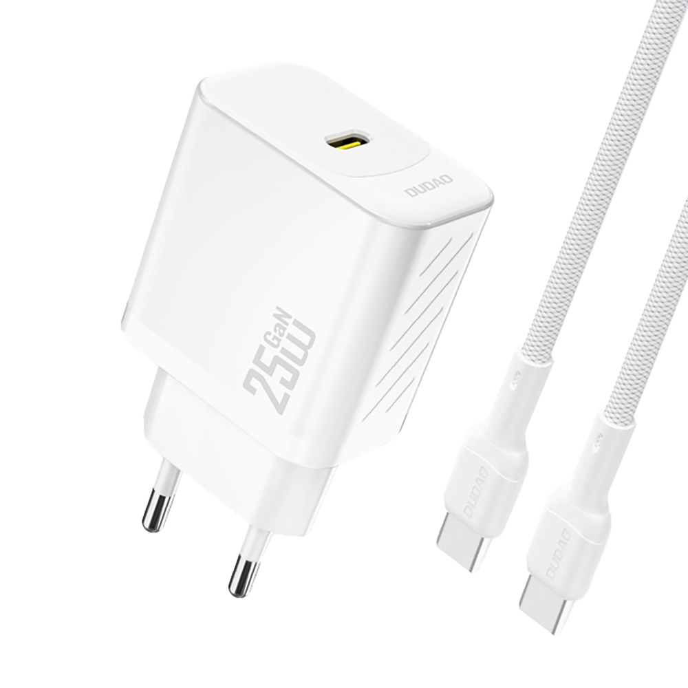 Dudao A27CEU PD 25W GaN SB-C sienas lādētājs ar USB-C kabeli – balts