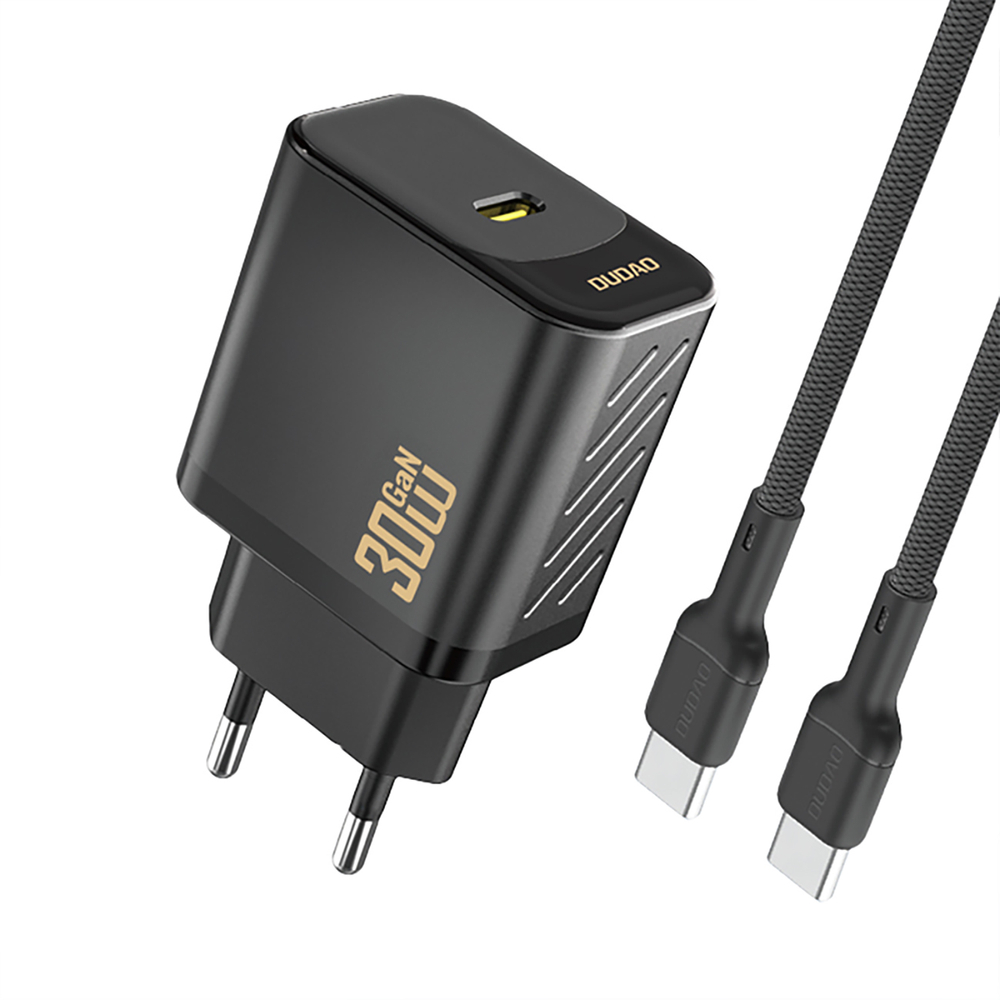 Dudao A27PCEU PD 30W GaN USB‑C sienas lādētājs ar USB‑C kabeli – melns