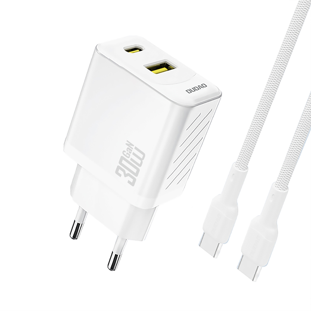 Dudao A27TCEU PD 30W GaN USB-A USB-C sienas lādētājs ar USB-C kabeli – balts