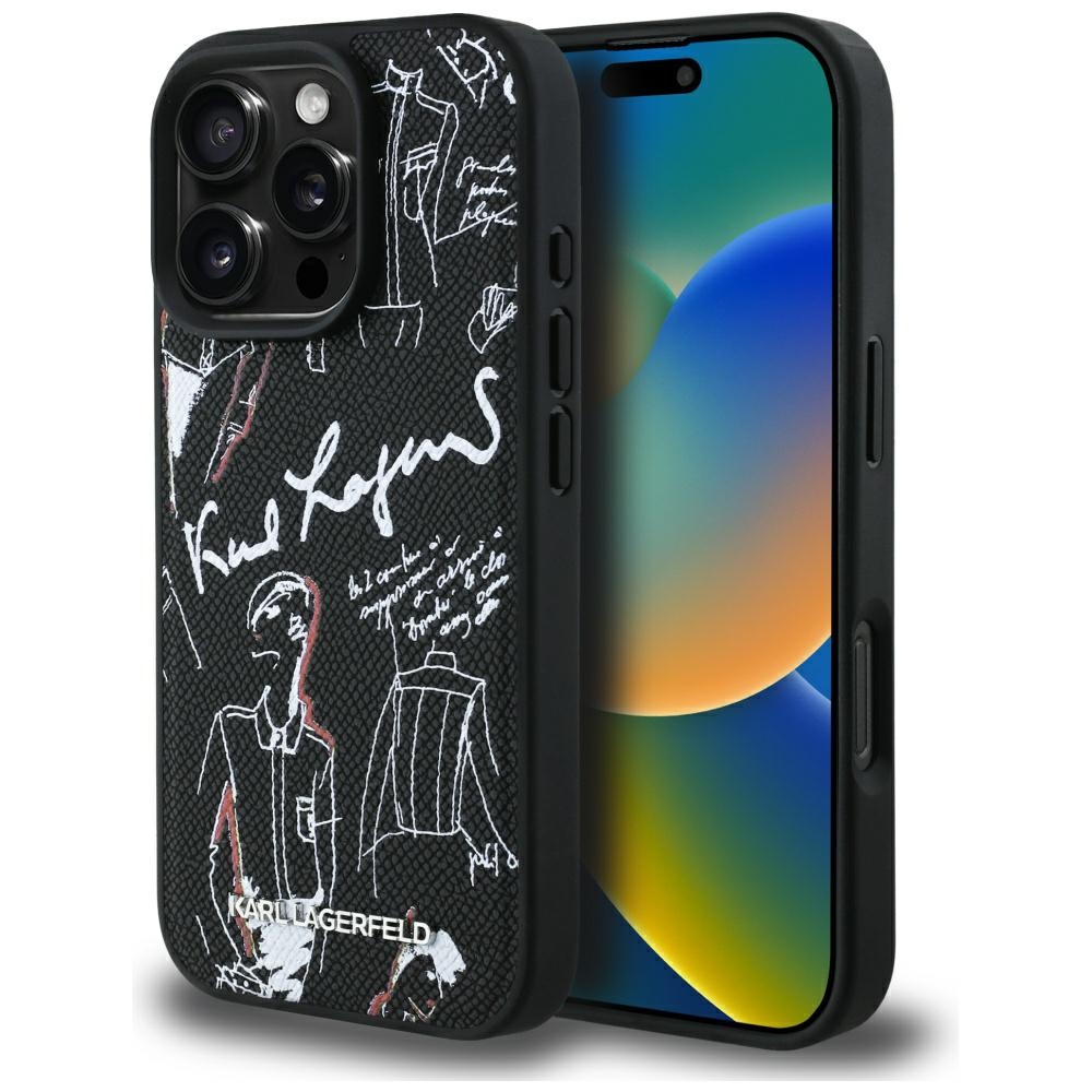 Karl Lagerfeld MagSafe telefona vāciņš maciņs ar graudainu rakstu un logotipu iPhone 16 Pro Max tālrunim – melns...