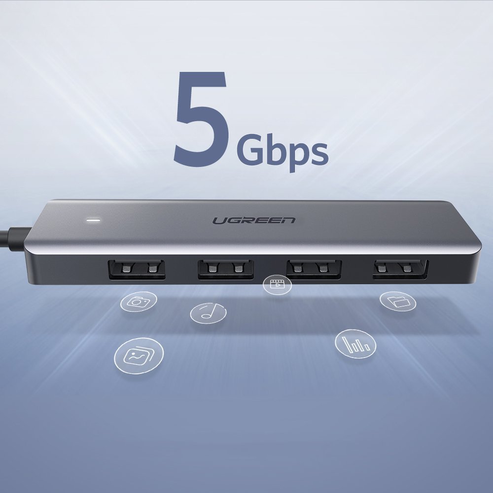 USB-C хаб Ugreen - 4x USB 3.2 Gen 1 с портом питания USB-C, серый