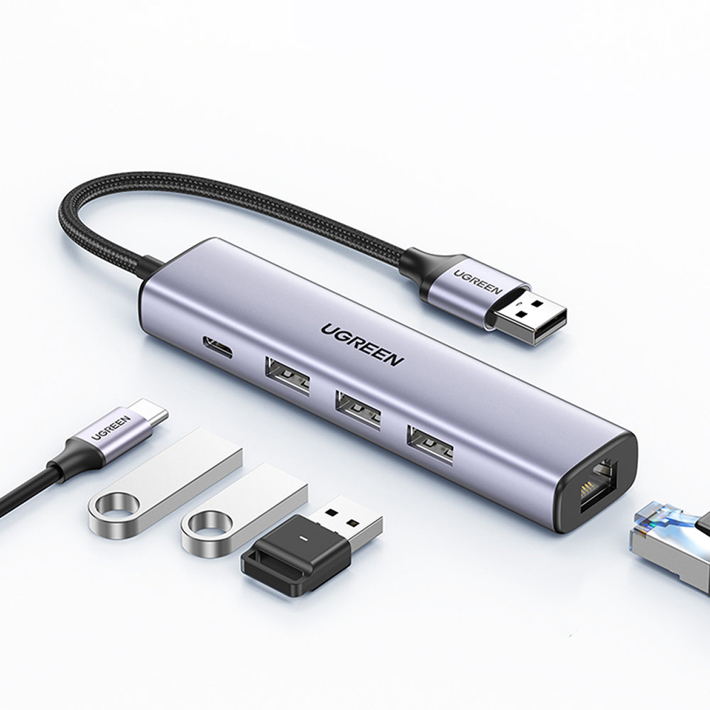 Ugreen CM475 USB 3.0 Hub Adapter with RJ-45 Ethernet and USB-C PD, Gray