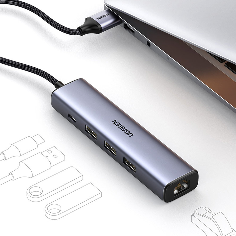 Ugreen CM475 USB 3.0 centrmezgls ar RJ-45 un USB-C PD, pelēks