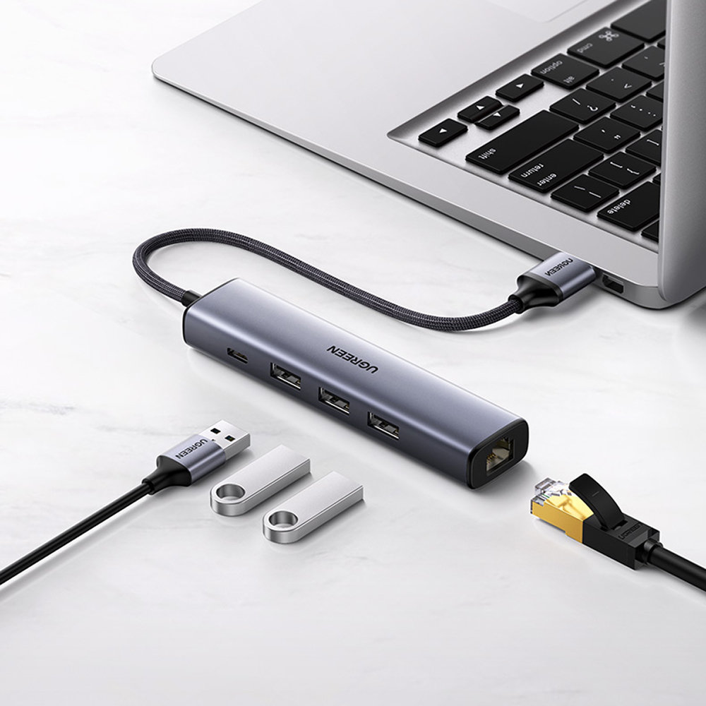 Ugreen CM475 USB 3.0 centrmezgls ar RJ-45 un USB-C PD, pelēks