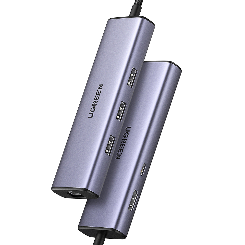 USB-C хаб Ugreen CM512 6-в-1 (3x USB 3.0, HDMI, RJ45, USB-C PD) - серый
