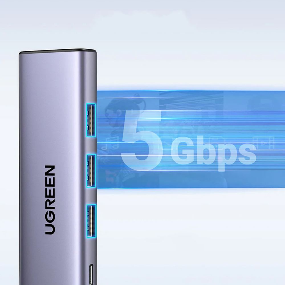 USB-C концентратор Ugreen CM511 5-в-1 - HDMI, 3x USB 3.0, PD - серый