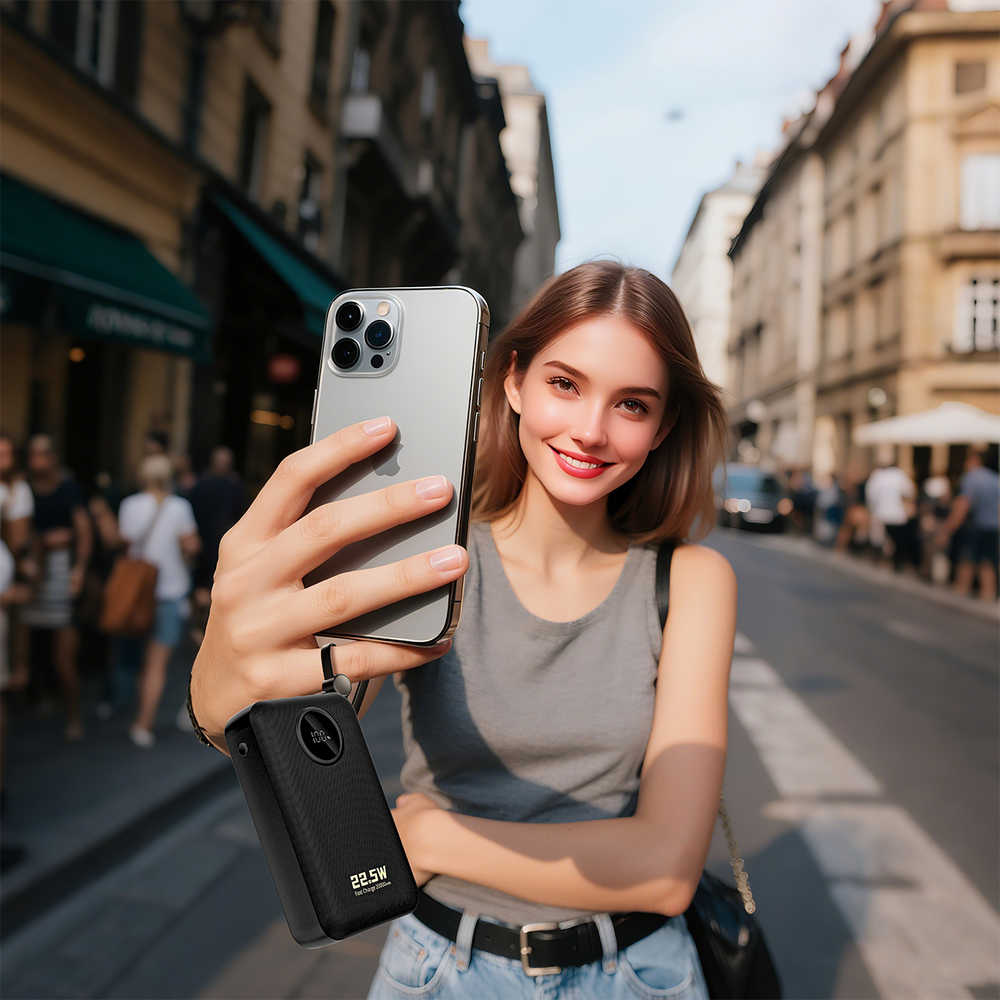 Dudao K14+ ārējais akumulators 20000mAh 22.5W ar USB-C/Lightning kabeļiem, melns