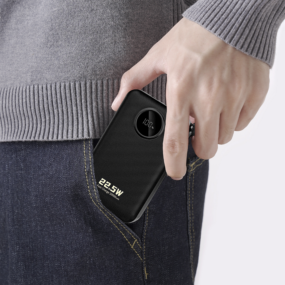 Dudao K14+ ārējais akumulators 20000mAh 22.5W ar USB-C/Lightning kabeļiem, melns