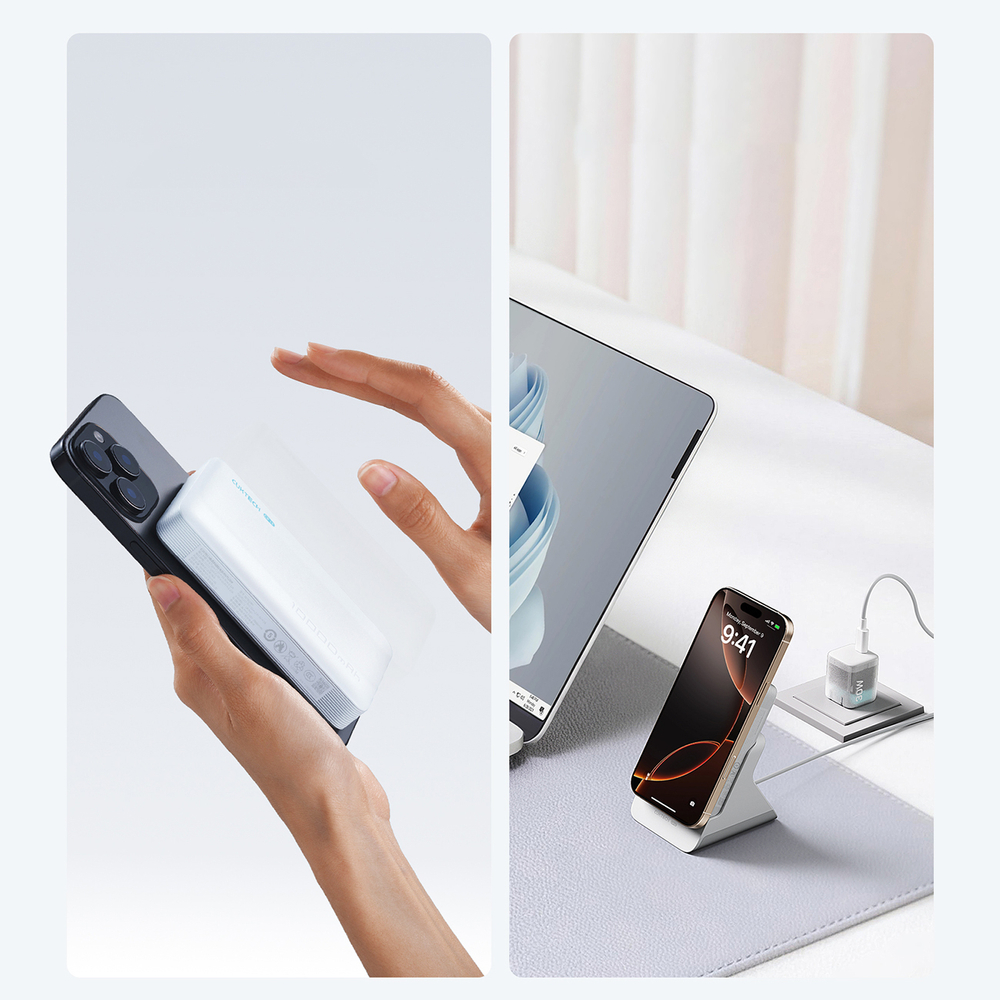 Cuktech WPB100N 10000mAh magnētiskais ārējais akumulators ar statīvu, 20W, balts