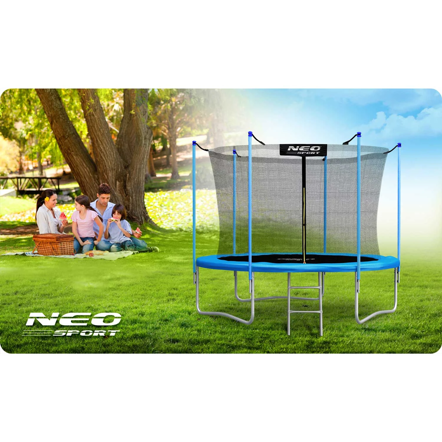 Садовый батут Neo-Sport NS-08W181 с внутренней сеткой и лестницей, 252 см