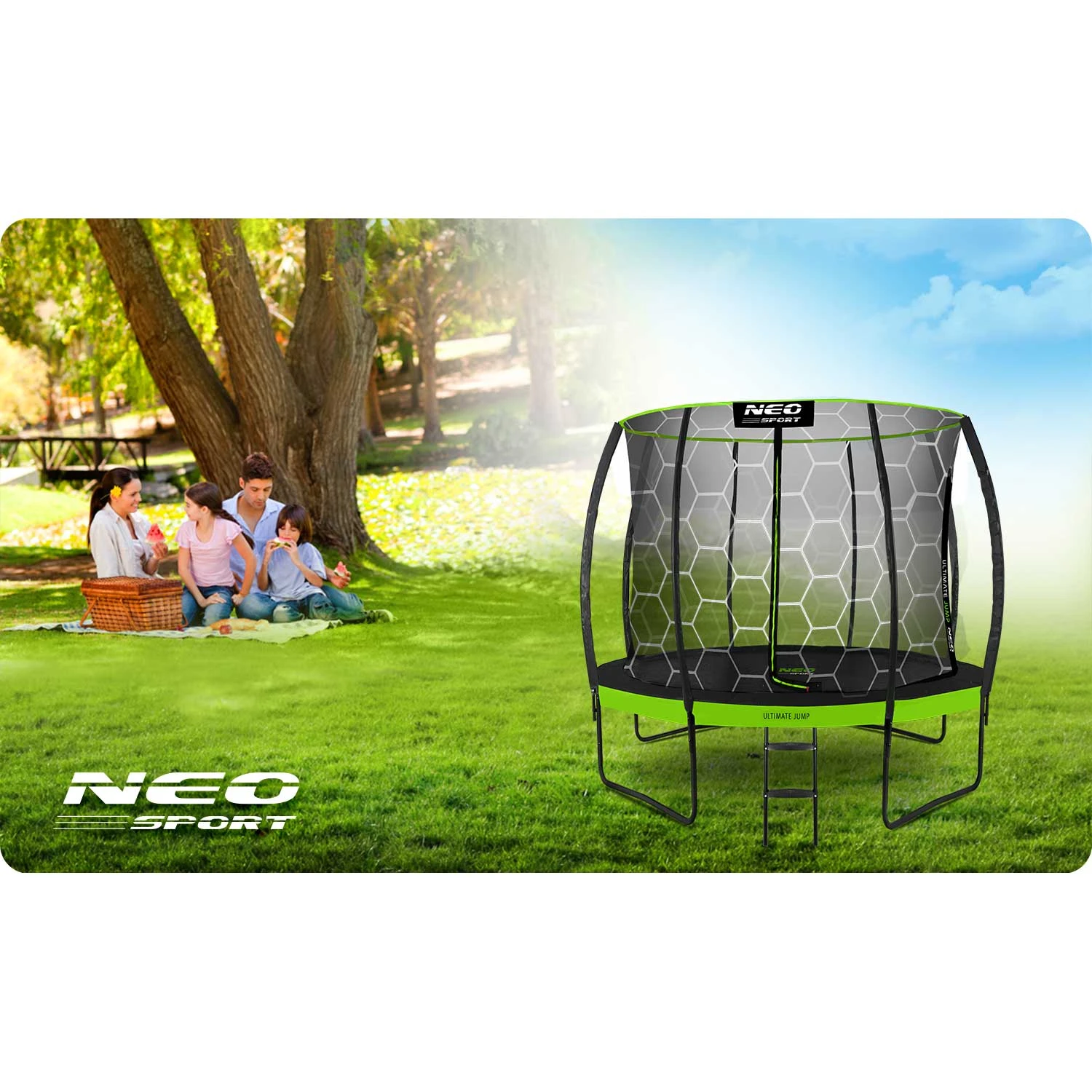 Neo-Sport NS-08C221 Garden Trampoline with Inner Net 252 cm (8ft), Black/Green