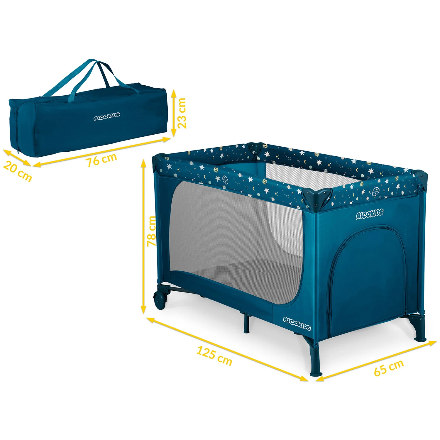 Ricokids RK-240 Travel Cot with Mattress and Bag, 125x65x78 cm, Navy Blue