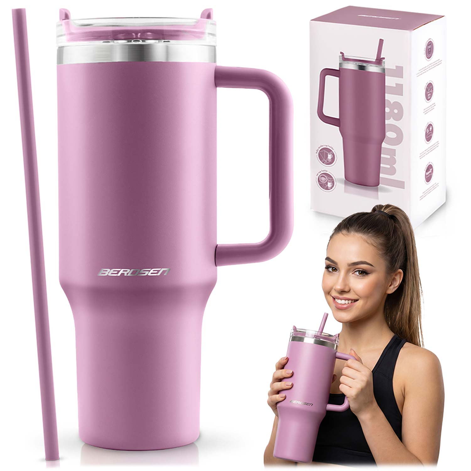 Vakuuma termokrūze ar salmiņu 1180 ml Berdsen, rozā