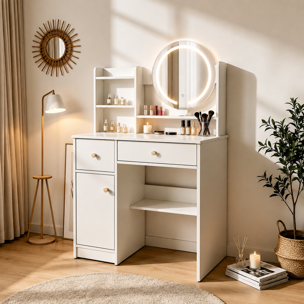 ModernHome Kosmētikas Galds ar LED Spoguli un Atvilktnēm
