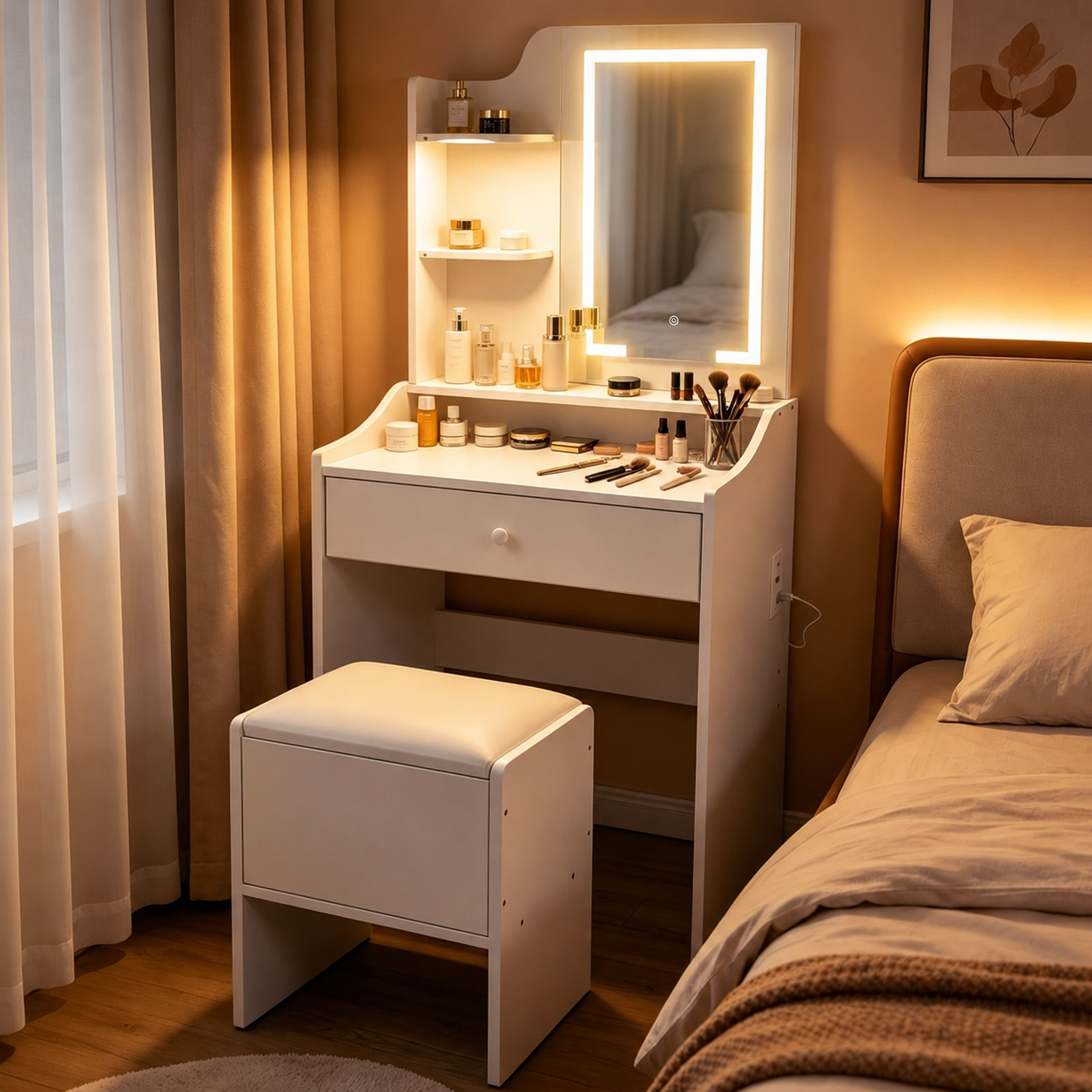 ModernHome kosmētikas galds ar LED spoguli un tabureti