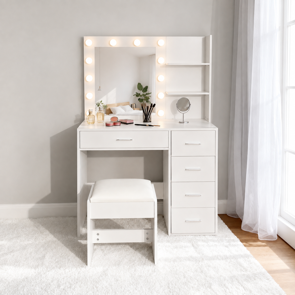 ModernHome kosmētikas galds ar LED spoguli, atvilktnēm un tabureti
