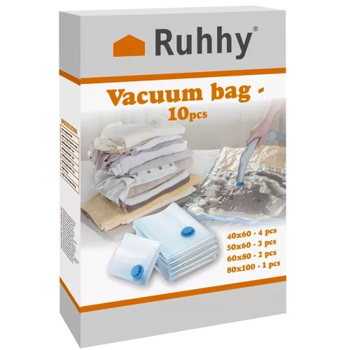 Ruhhy Vacuum Storage Bags Set, 10 pcs, Mixed Sizes, Transparent/Blue