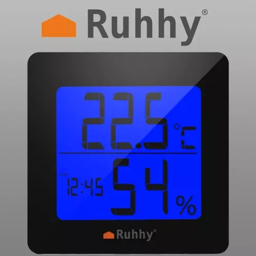 Ruhhy 19161 Thermometer and Hygrometer with Clock, Black/White
