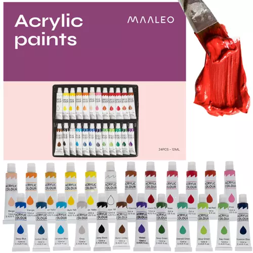 Akrila krāsas 24 gab. - 12 ml. MAALEO | Acrylic paints 24 pcs, 12 ml each. MAALEO