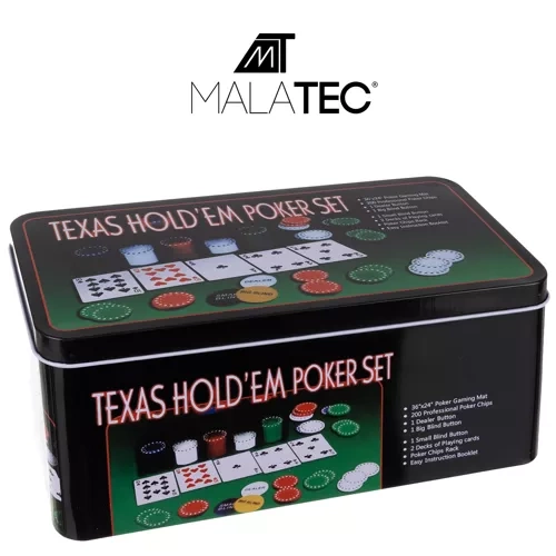Malatec Texas pokera komplekts ar 200 žetoniem metāla kārbā