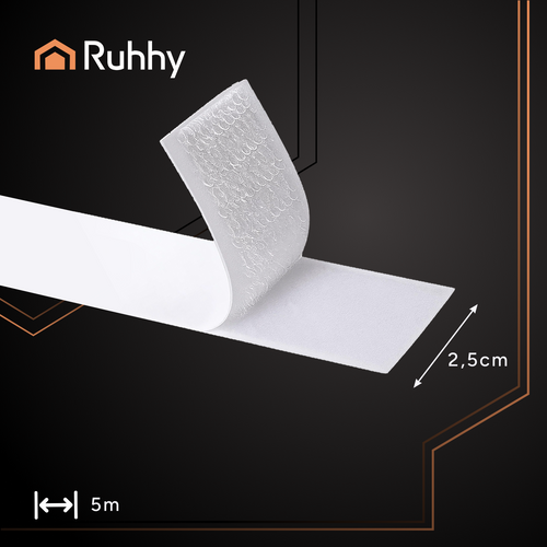 Ruhhy Self-Adhesive Hook and Loop Tape 5m x 2.5cm, White