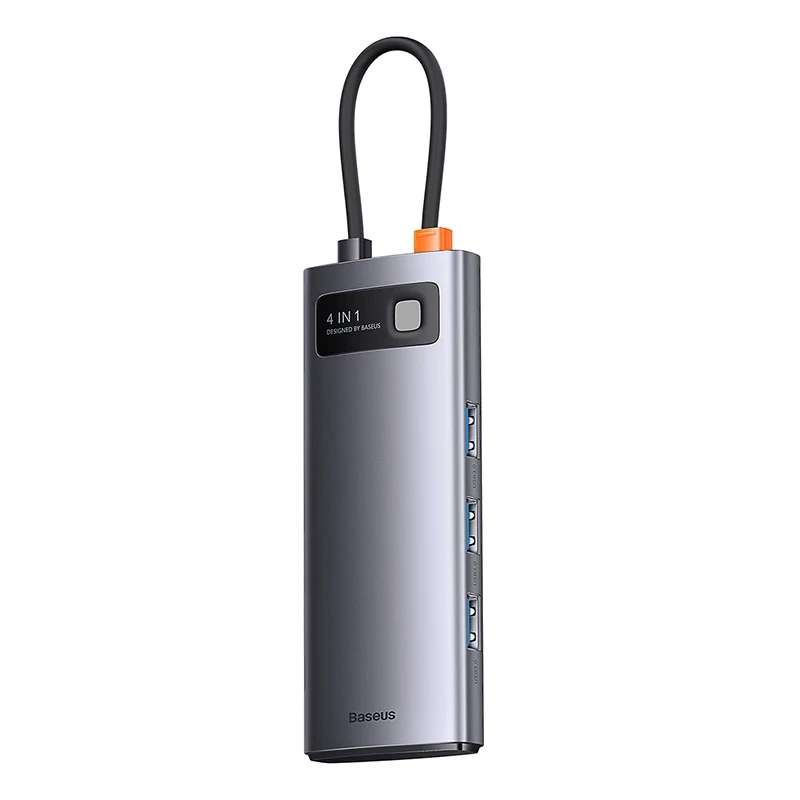 USB-C centrmezgls Baseus Metal Gleam Series 4in1, 4x USB 3.0, pelēks