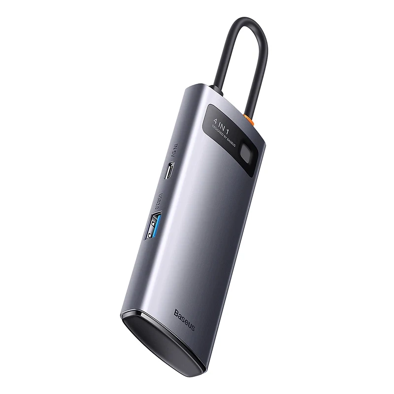 USB-C centrmezgls Baseus Metal Gleam Series 4in1, 4x USB 3.0, pelēks