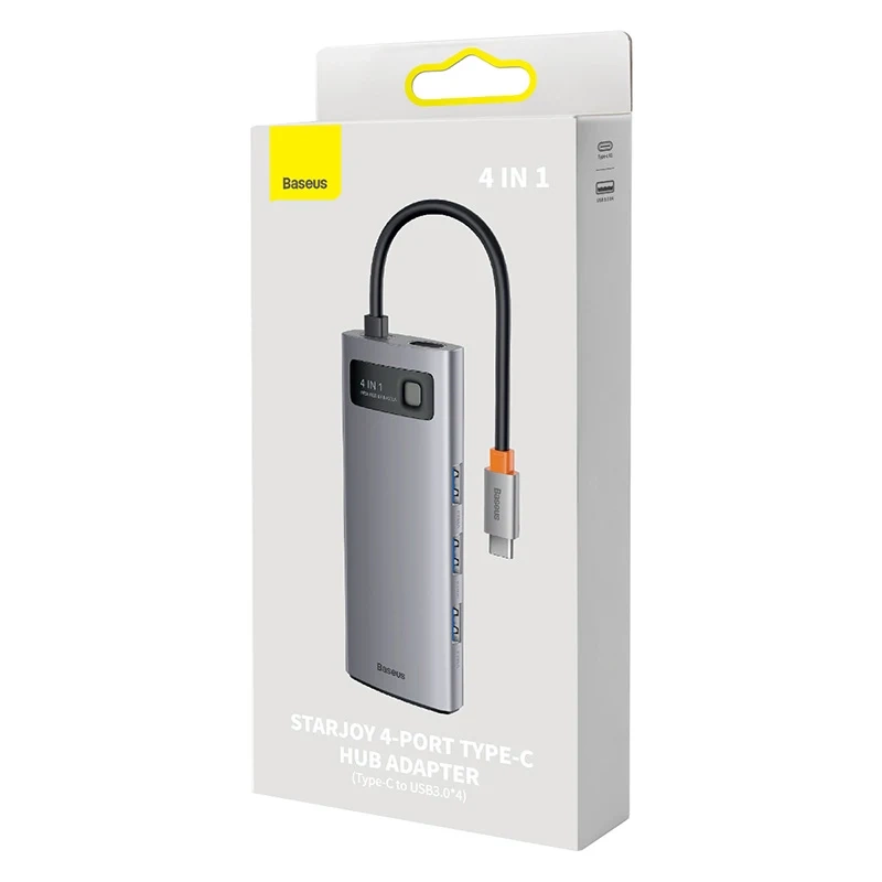 USB-C centrmezgls Baseus Metal Gleam Series 4in1, 4x USB 3.0, pelēks