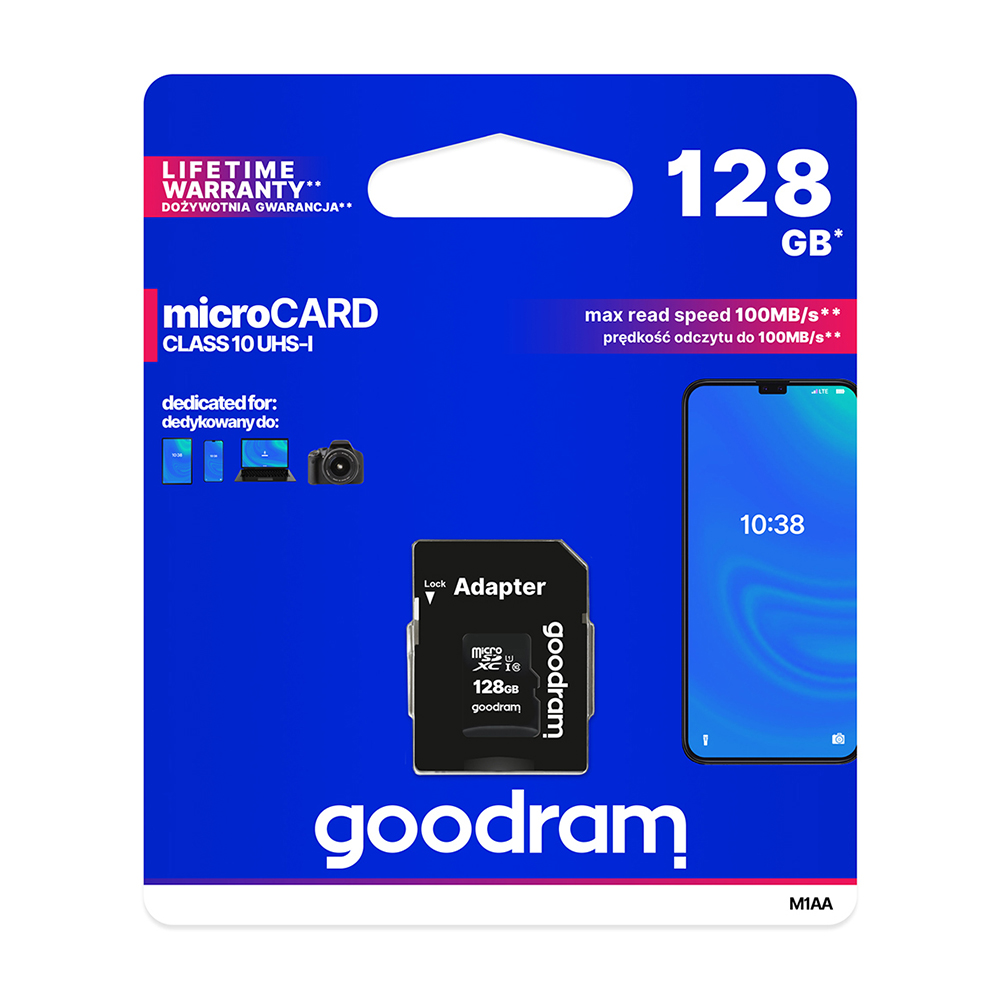 MicroSDXC Memory Card GoodRam 128GB Class 10 UHS-I with Adapter, Black (1)