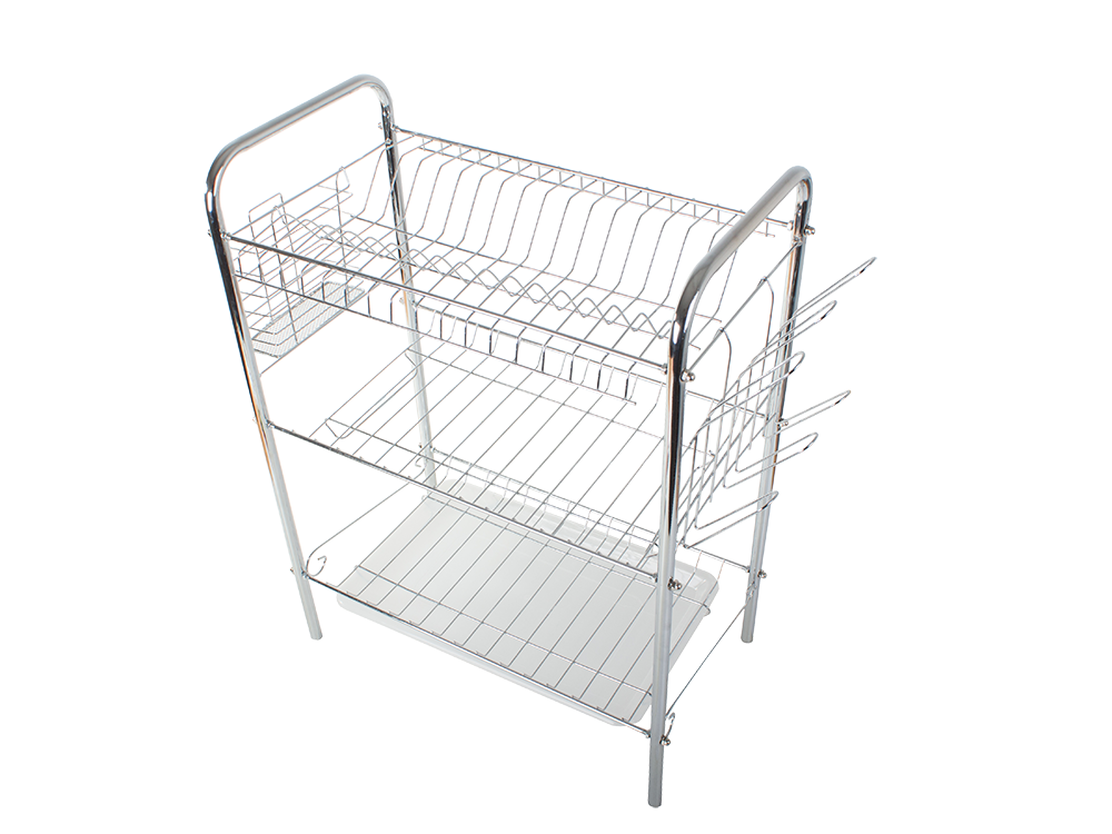 Three-Tier Dish Drainer with Utensil Holders, Silver