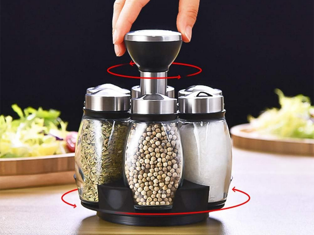 Rotating Spice Rack + 6 Glass Jars