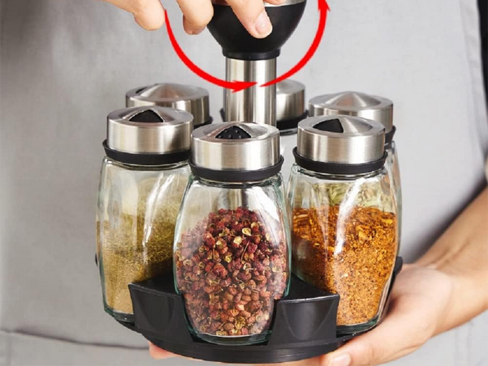 Rotating Spice Rack + 6 Glass Jars