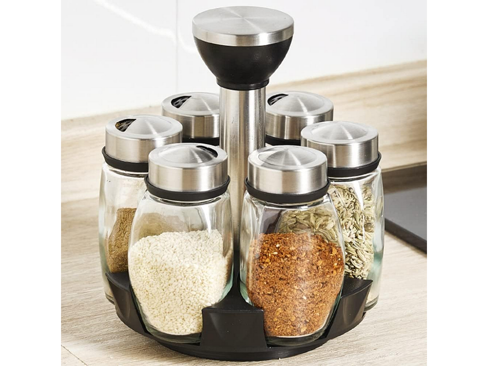 Rotating Spice Rack + 6 Glass Jars