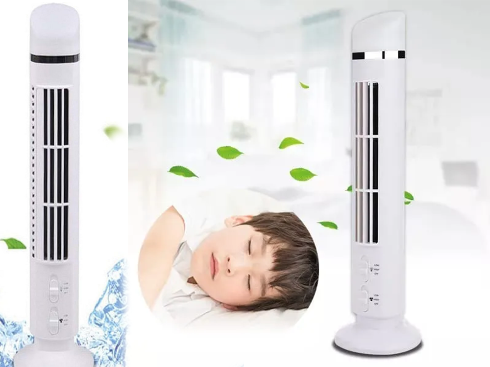 Compact Bladeless Tower Fan with LED Lamp, USB, White