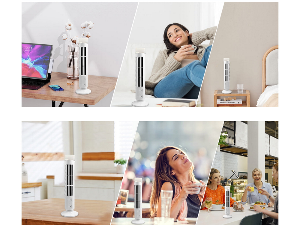 Compact Bladeless Tower Fan with LED Lamp, USB, White