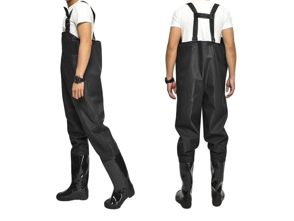 Waterproof fishing waders with boots and adjustable suspenders, size 43, black