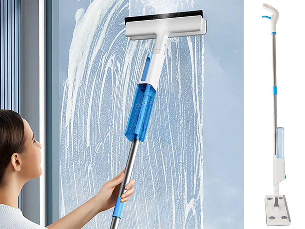 Flat mop with spray and window squeegee, 3 microfiber pads, white