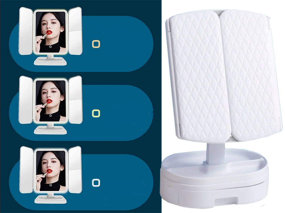 Tri-Fold LED Makeup Mirror with Lights, 2x 3x Magnification & Touch Control