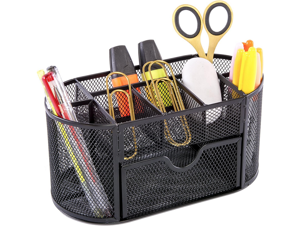 Metal Desk Organizer with 8 Compartments and Drawer, Black