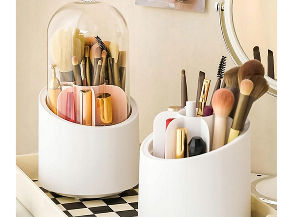 Rotating Makeup and Brush Organizer with Lid, White