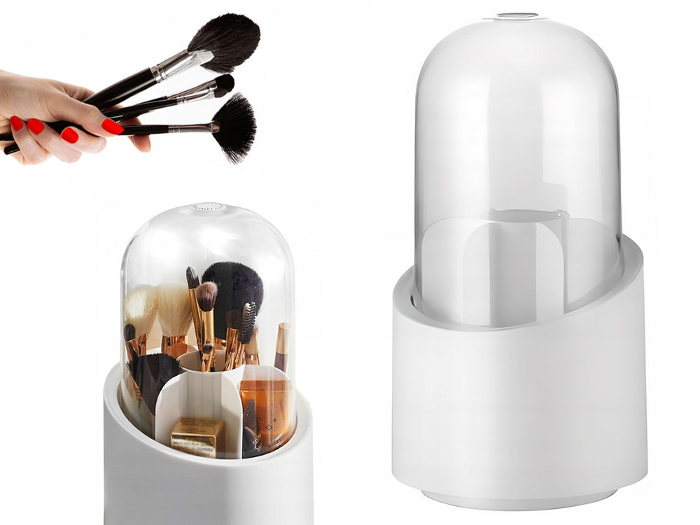Rotating Makeup and Brush Organizer with Lid, White
