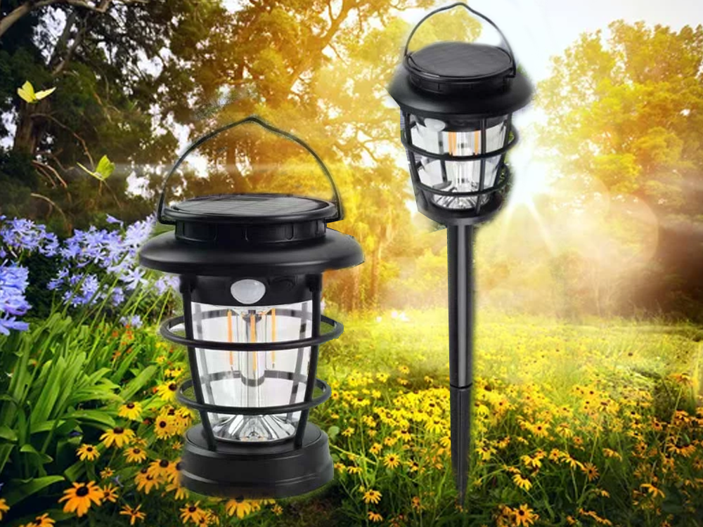 Solar Camping Lantern & Garden Light with Motion Sensor LED USB Rechargeable, Black