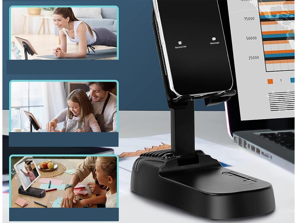 Telescopic Phone Stand with Bluetooth Speaker and Power Bank, Black