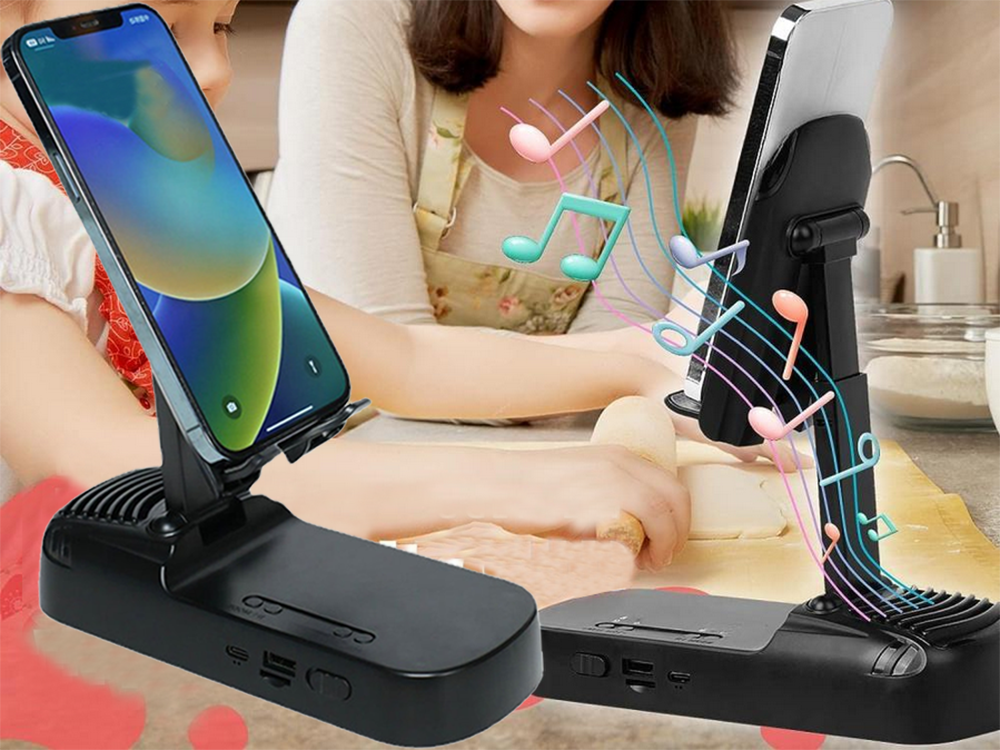 Telescopic Phone Stand with Bluetooth Speaker and Power Bank, Black