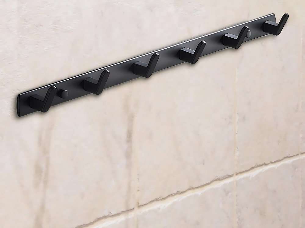 Wall-Mounted Clothes and Towel Rack, 6 Hooks, 54.5 cm, Black