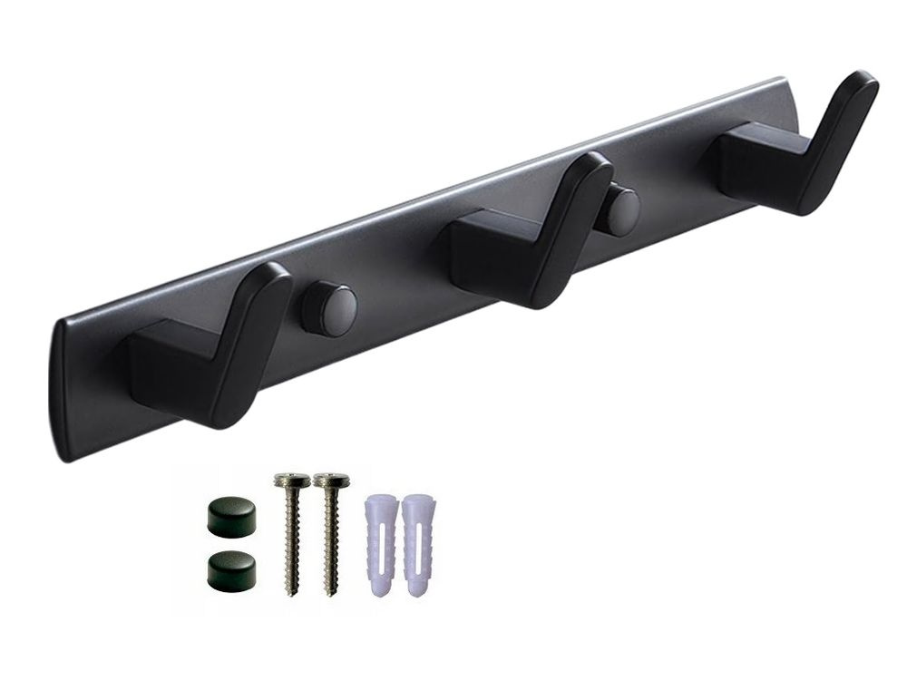 Wall-Mounted Clothes and Towel Rack, 3 Hooks, 24.5 cm, Black